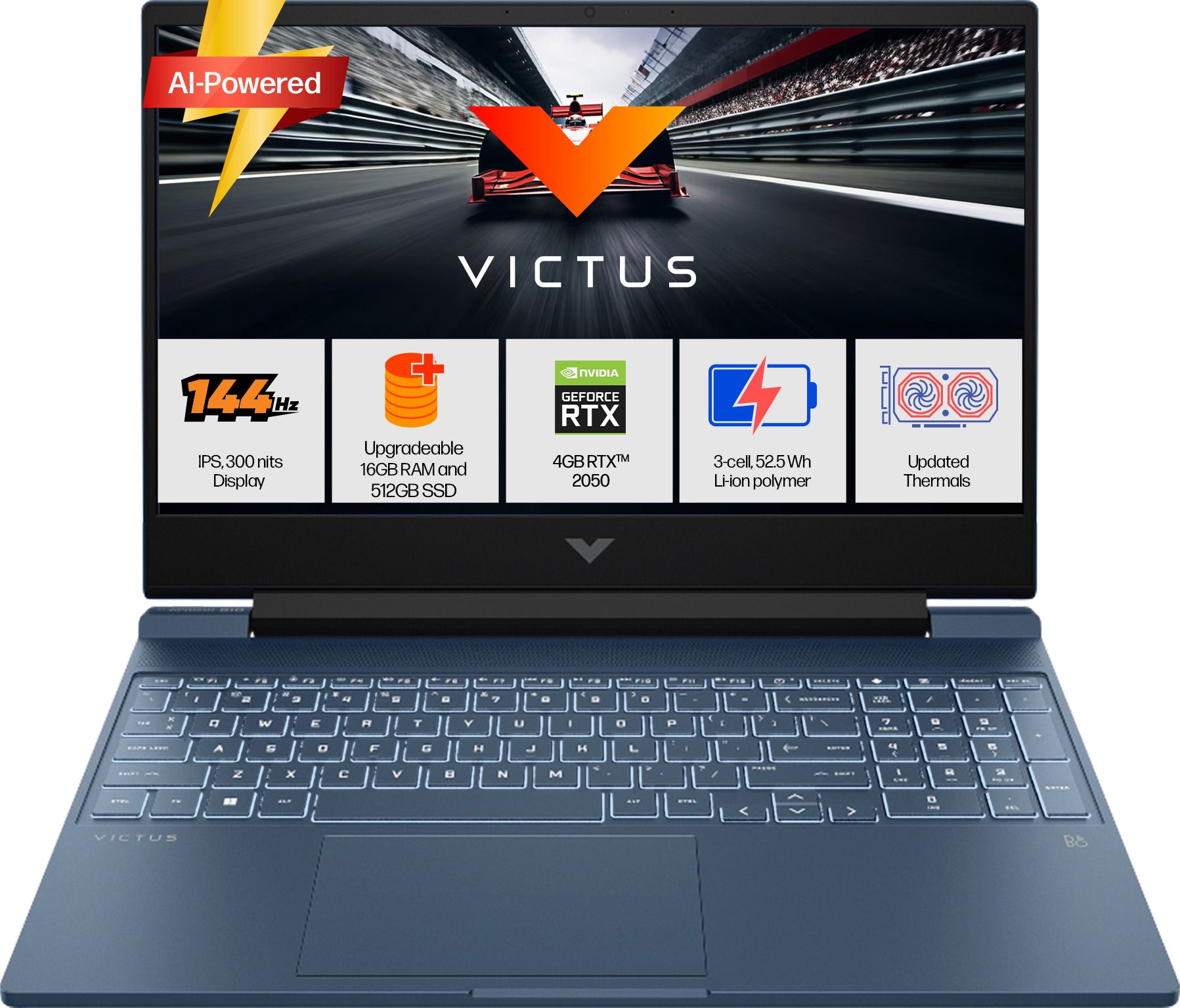 original-imahdxrfhtfyyxfj.jpeg HP Victus AI 31 TOPS AMD Ryzen 5 Hexa Core 8645HS - (16 GB/512 GB SSD/Windows 11 Home/4 GB Graphics/NVIDIA GeForce RTX 2050/144 Hz) fb3003AX Gaming Laptop (15.6 inch, Blue, 2.29 Kg, With MS Office) - Image 1